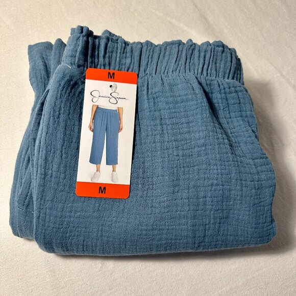 New Jessica Simpson 100% Cotton Gauze Pant Size M Ankle Pant Wide Leg Blue Boho - Picture 1 of 14